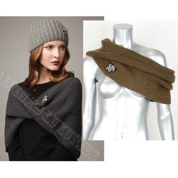 LANVIN SCARF INFINITY WITH JEWELED BROOCH BROWN CASHMERE AND WOOL